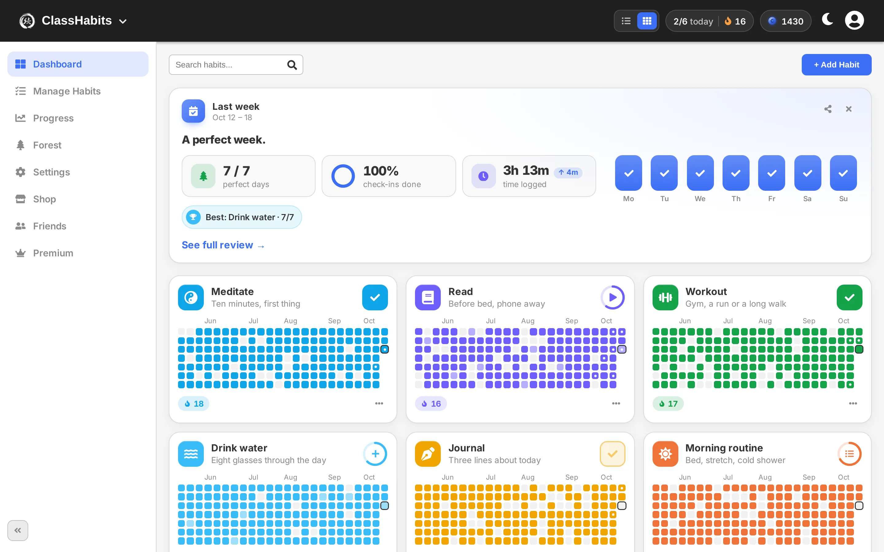 The ClassHabits dashboard in grid view, a heatmap card for every habit, on a laptop
