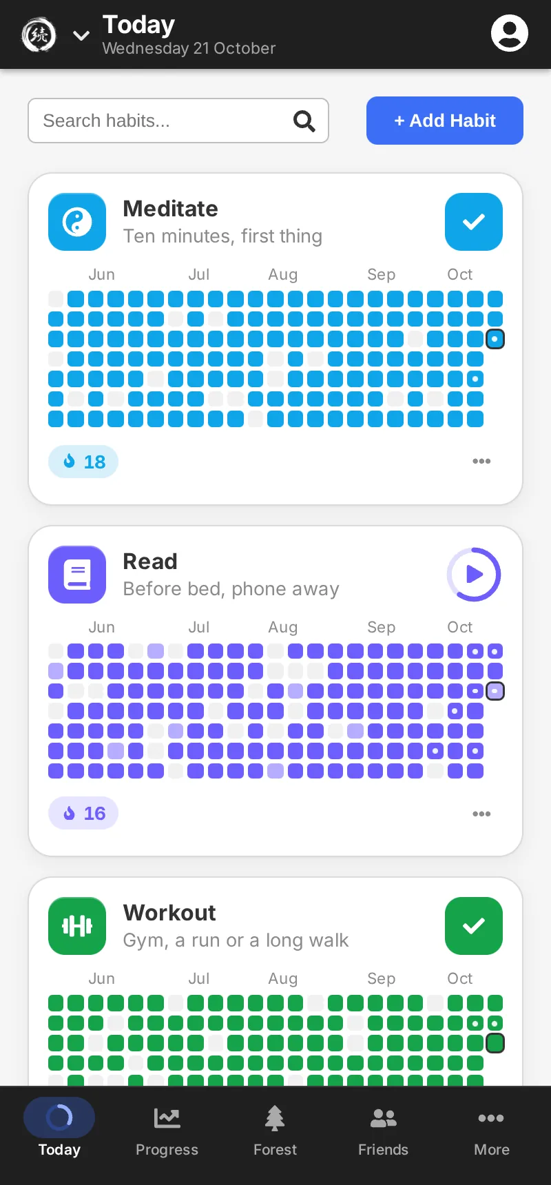 The grid view on a phone: a heatmap card for each habit