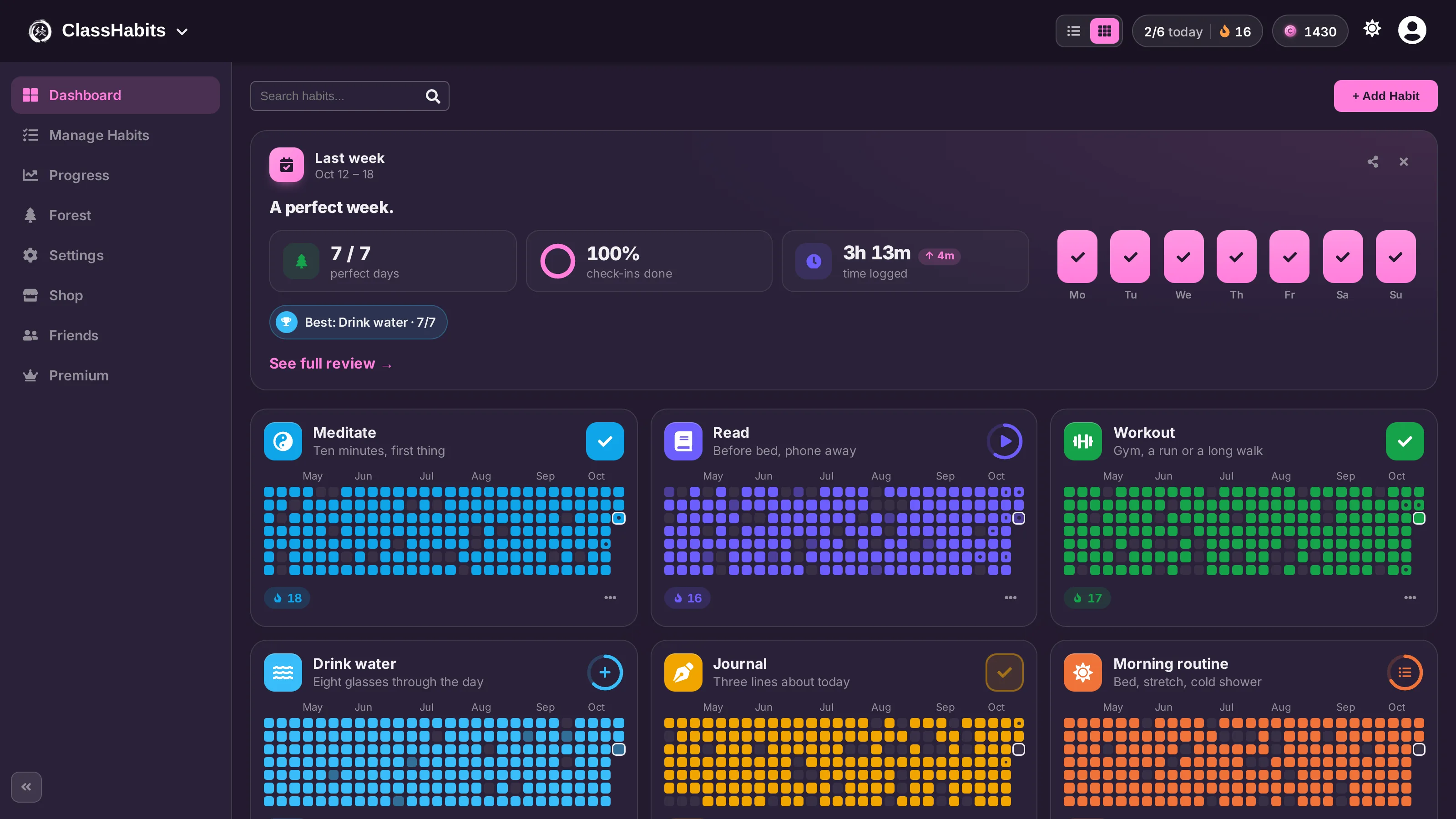 ClassHabits on Desktop in the Synthwave theme, dark mode