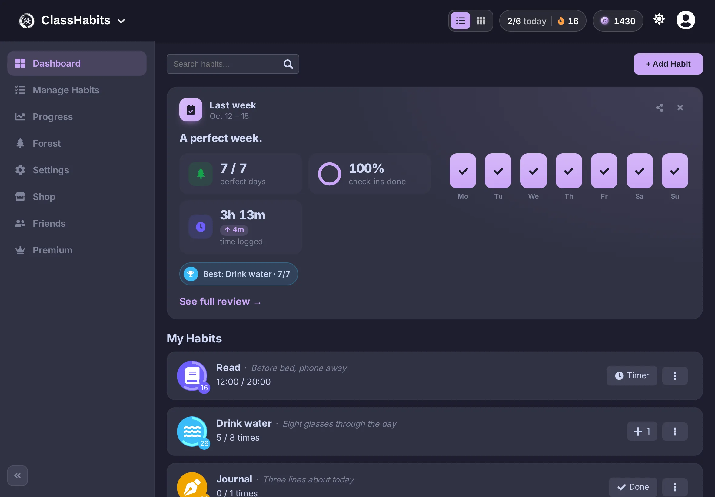 ClassHabits on Tablet in the Catppuccin theme, dark mode